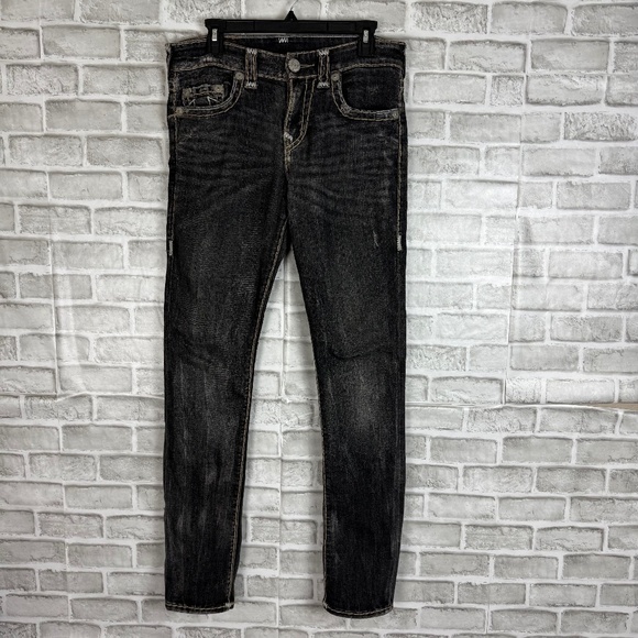 True Religion ROCCO Relaxed Skinny Black Denim Thick Stitch Jeans Mens 30 x 34 - Picture 1 of 12
